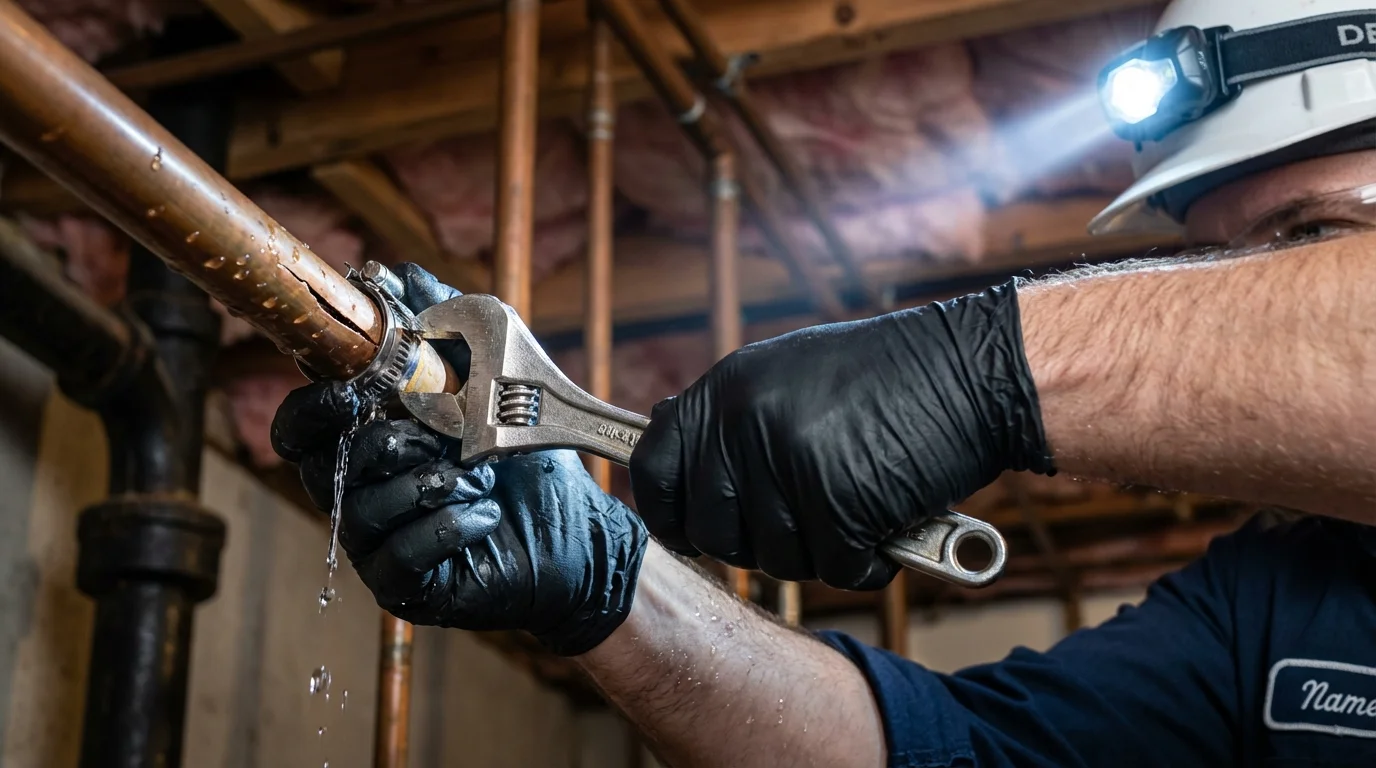 Emergency pipe clamp repair being performed by a Johns Plumbing LLC plumber in Elmore