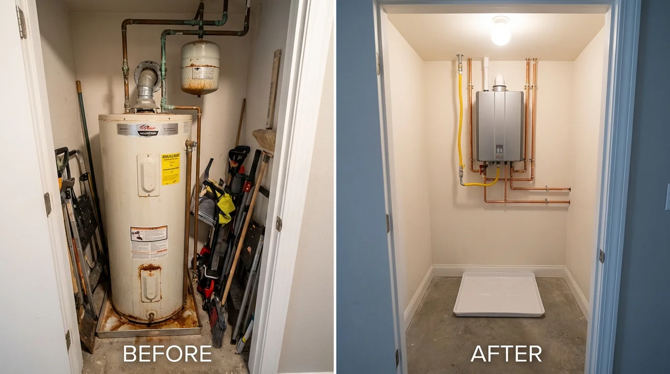 Tank water heater versus wall-mounted tankless unit comparison for Elmore, OH homeowners