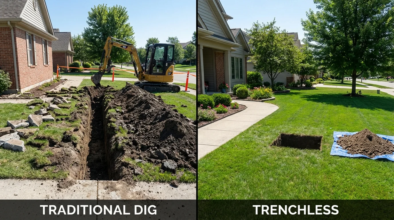 Trenchless sewer repair with minimal yard damage versus traditional excavation in Elmore, OH